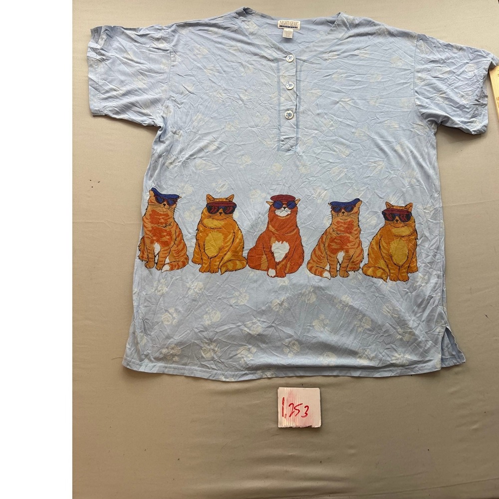 Night Gear Sleepwear Blue Cat Sunglasses Henley Nightgown Sleep Shirt XL Vintage
